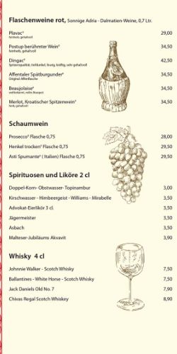 Flaschenweine rot, Sonnige Adria - Dalmatien-Weine, 0,7 Ltr. Schaumwein Spirituosen und Liköre 2 cl Whisky 4 cl