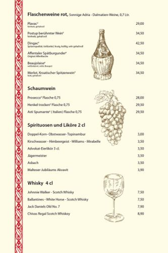 Flaschenweine rot, Sonnige Adria - Dalmatien-Weine, 0,7 Ltr. Schaumwein Spirituosen und Liköre 2 cl Whisky 4 cl